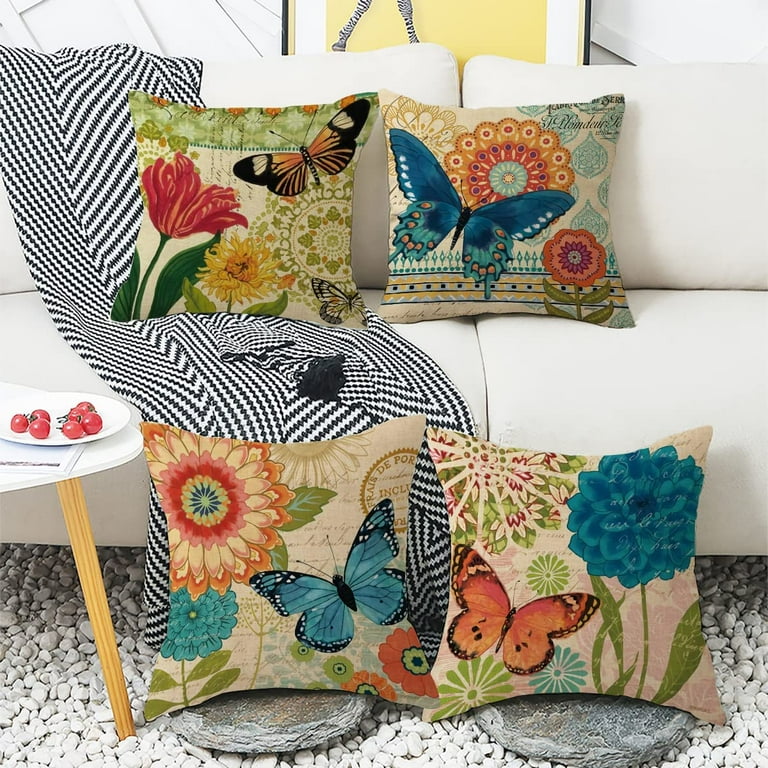 Spring Garden Pillow Cover, 18x18 Inch Throw, Blue, Set of 4