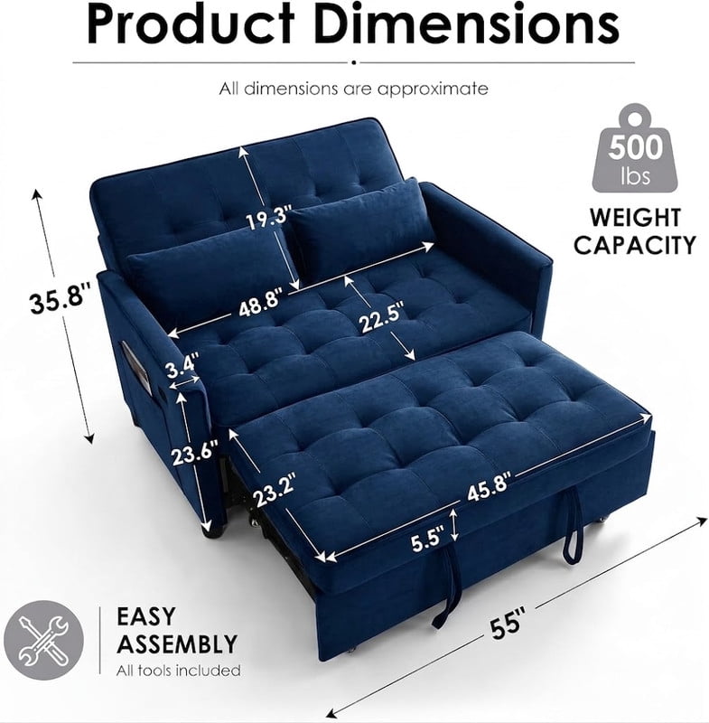 3-in-1 Convertible Sofa Bed with USB Charging Ports, Pull-Out Sleeper Sofa with Adjustable Backrest and Side Pocket, Compact Loveseat Couch for Living Room, Apartment, Dorm