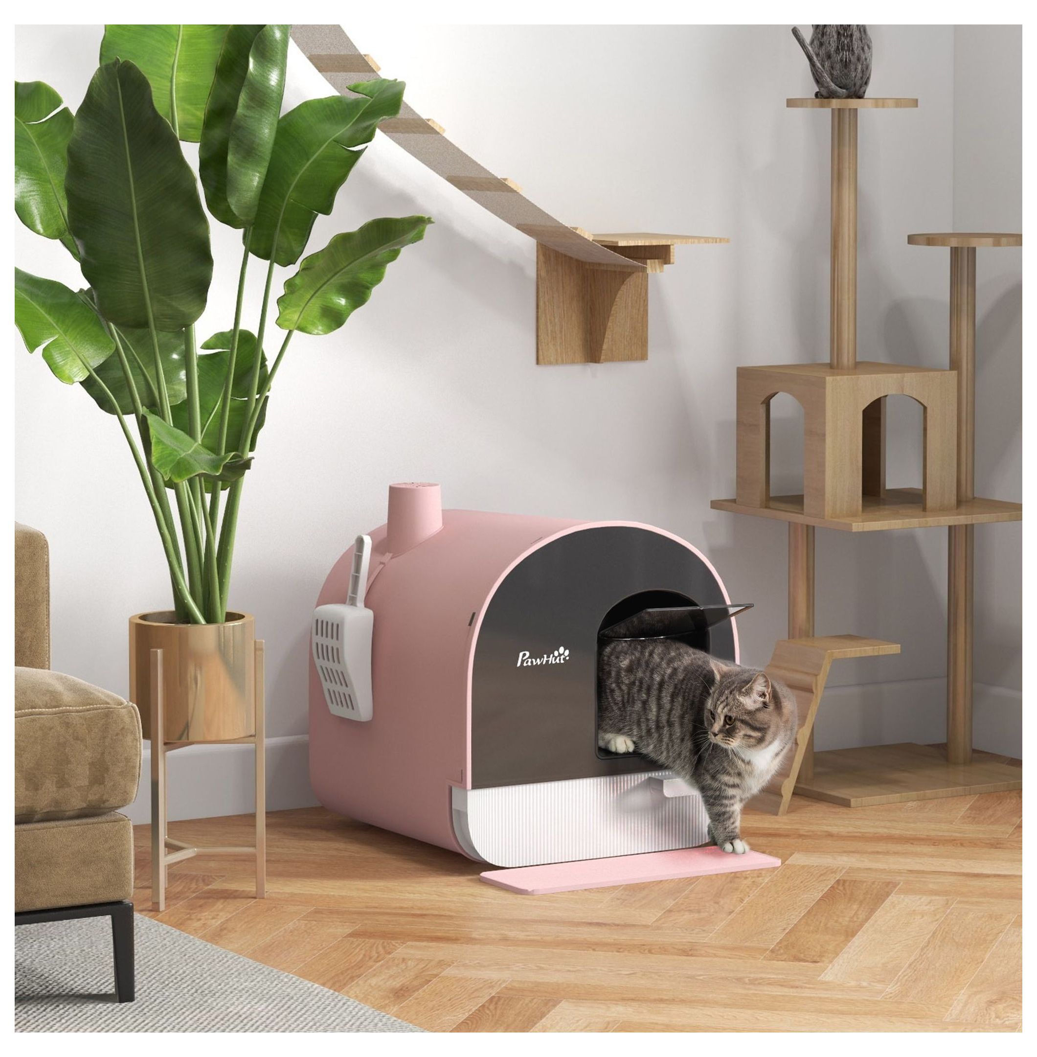 Covered Cat Litter Box with Lid, Scoop & Filter - Pink Compact Litter Box for Cats - Enclosed Cat Toilet with Mat - Private, Odor Control for Kittens Under 10lbs
