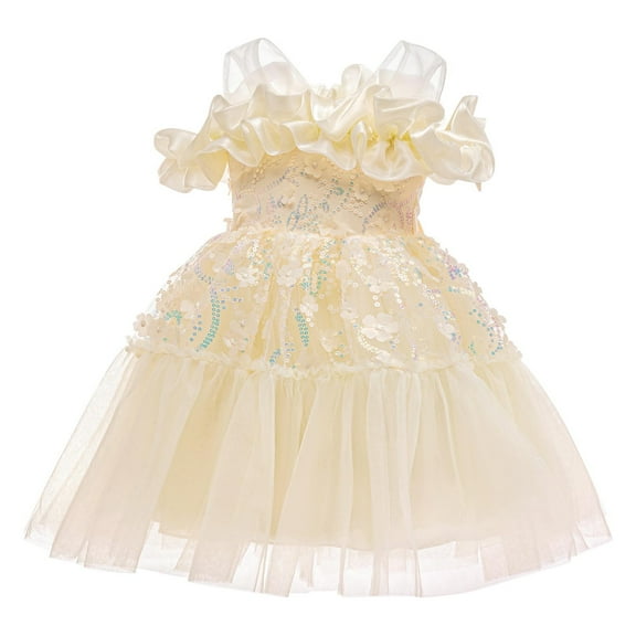 LLYWEY Toddler Girls Princess Dresses, Girls Elegant Formal Ball Gown Sequin Ruffle Cold Shoulder Mesh Round Neck Bow Knot Formal Party Wedding Birthday Dresses Back Zipper , Style BY-38, Yellow, 2T