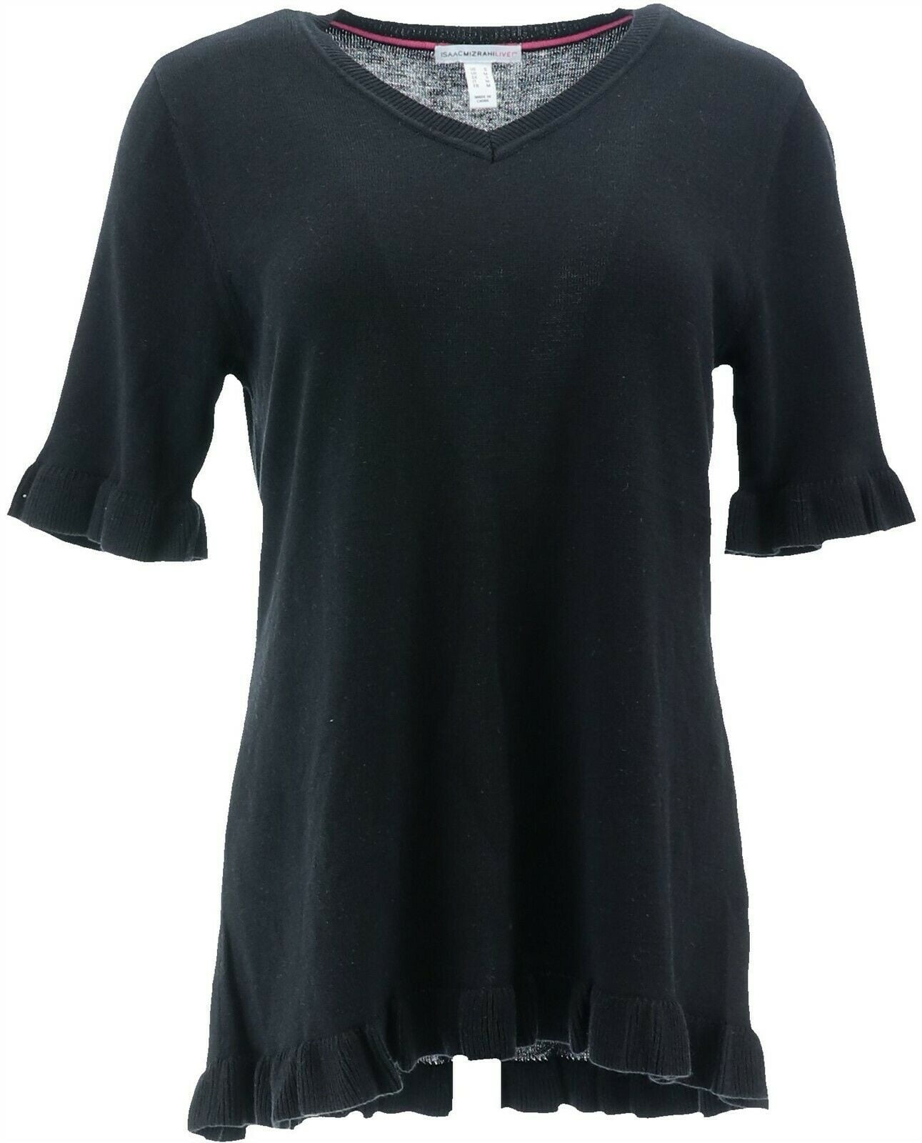 X Small Elbow-Sleeve Ruffle Hem V-Neck Sweater Isaac Mizrahi Live Black