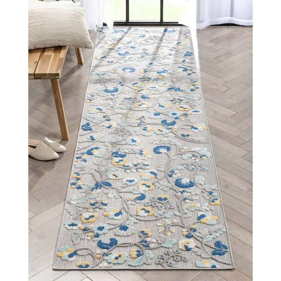 Well Woven Dorado Neveh Modern Floral Blue Indoor/Outdoor High-Low Pile 2'7" x 9'10" Runner Rug