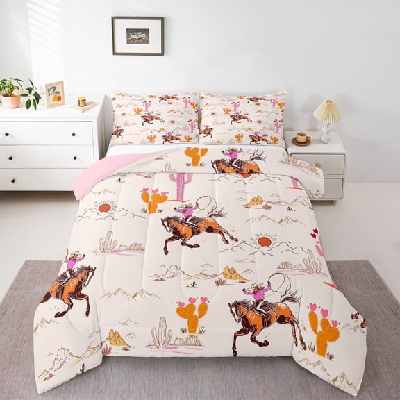 Erosebridal Southwestern Cowgirl Comforter Sets Full Size,Tropical Botanical Cactus Comforters & Duvets,Farm Farmhouse Horse Bedding Full Comforter Set,Breathable Room Decor Reversible，3-Piece