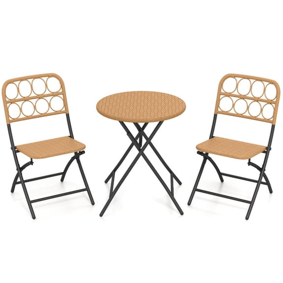Furnibear 3 Piece Patio Bistro Set, Folding Outdoor Bistro Set with Round Table and Wicker Seat Chairs for Balcony Porch Garden, Light Brown