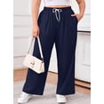 thumbnail image 2 of SHOWMALL Plus Size Wide Leg Lounge Pants for Women 1X-5X, Navy Blue Comfy Pull On Pants with Drawstring Waist and Pockets for Travel and Everyday Wear, 2 of 10