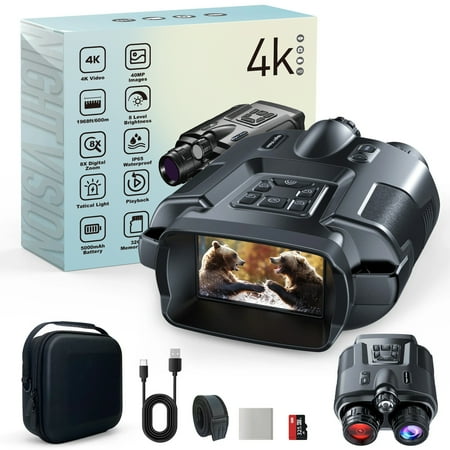 Night Owl Pro 4K Night Vision Binoculars with 600M Infrared 5000mAh Rechargeable 8X Zoom Tactical Light & Photo/Video Recorder for Hunting/Surveillance