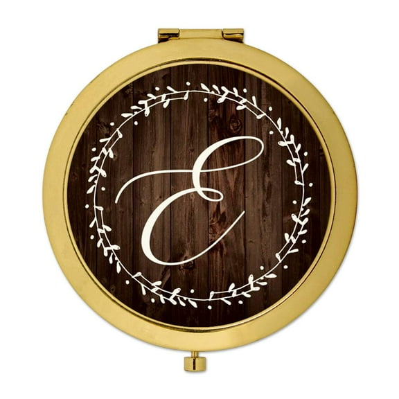 Koyal Wholesale Gold Compact Mirror Bridesmaid's Wedding Gift, Rustic Wood with Laurels, Monogram Letter E, 1-Pack