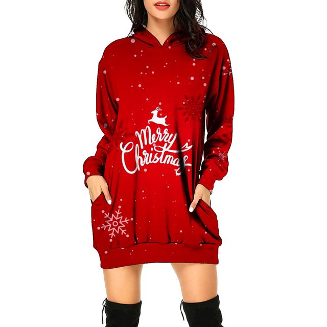 Robes de Fête de Noël pour Femmes Imprimé de Noël Manches Longues à Capuche avec Poche Robe Tunique Sweat-Shirt (Taille: S)