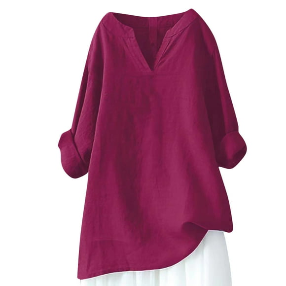 IROINID Savings Plus Size Shirts for Women Cotton Shirts for Women Leisure Slot Neck Long Sleeve Loose Cotton And Linen Shirts Summer Shirts Blouse,Burgundy