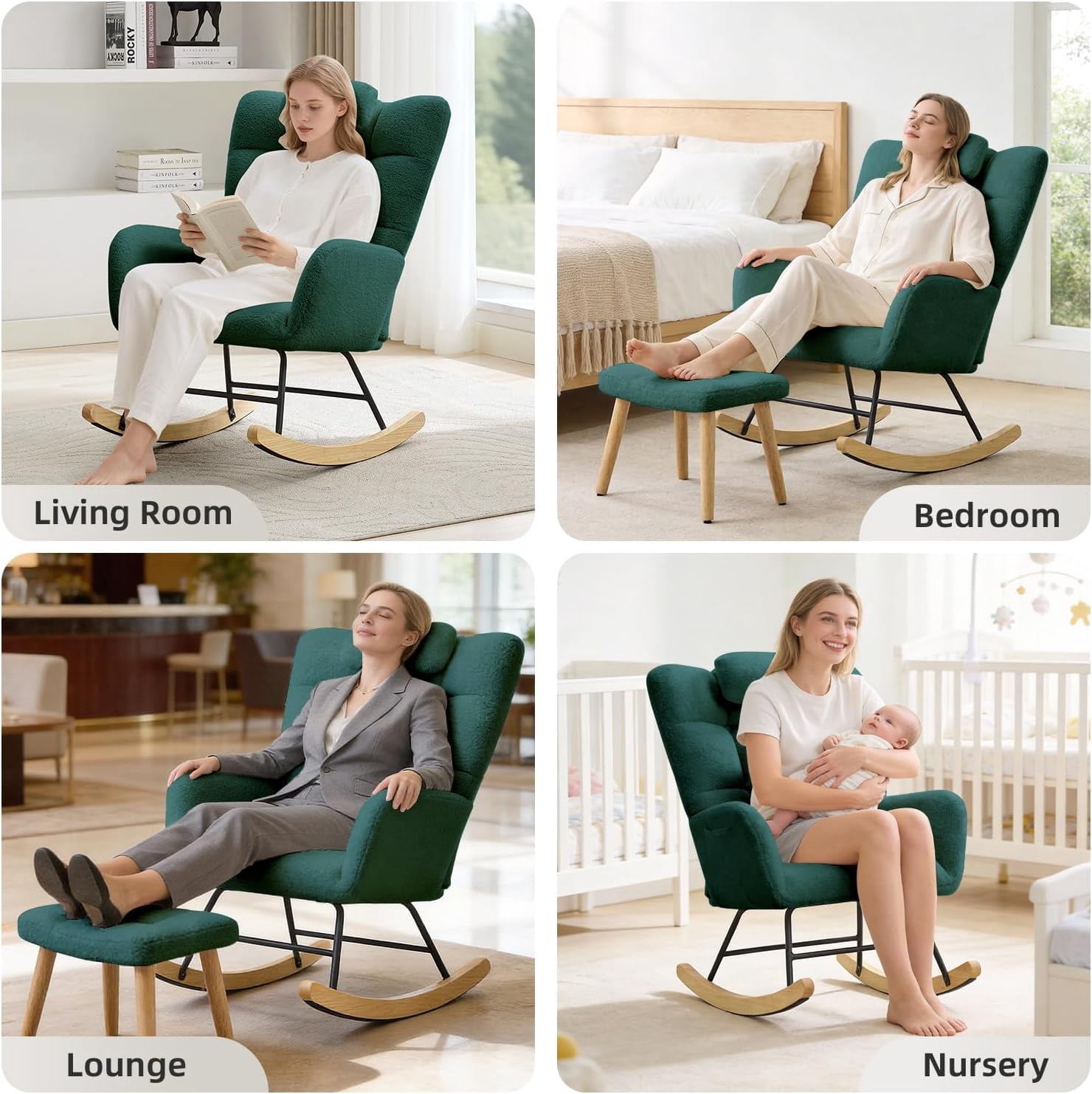 Nursery Rocking Chair, Teddy Upholstered Glider Rocking Chair with High Backrest, Armchair Reading Chair for Adults, Nursery, Bedroom, Living Room, Office, Beige Without Ottoman