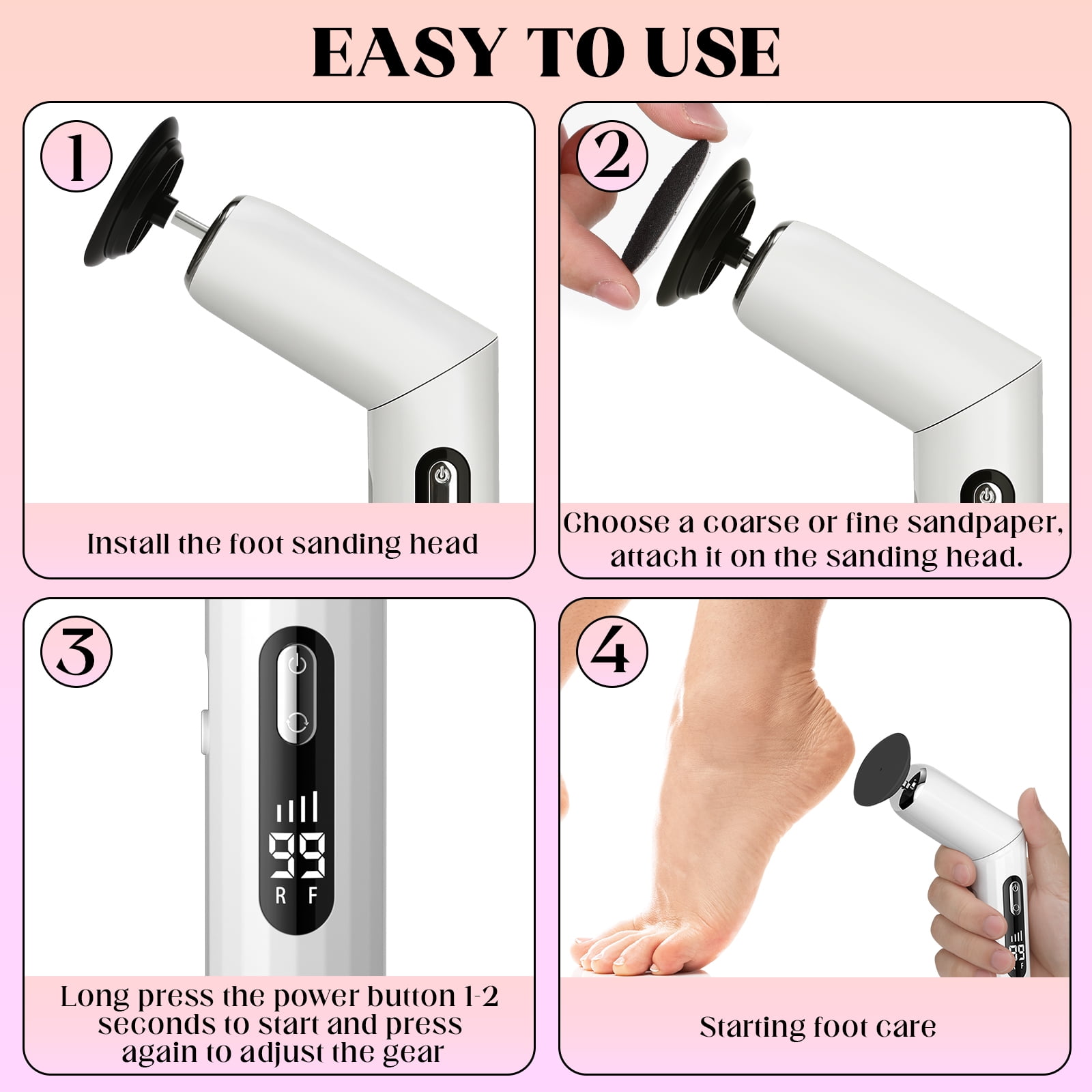 2 In 1 Electric Foot Grinder with Replacement Head Portable Feet File Pedicure Tool Foot Scrubber Callus Dead Skin Remover with Sandpaper Disk Nail Drill Bits