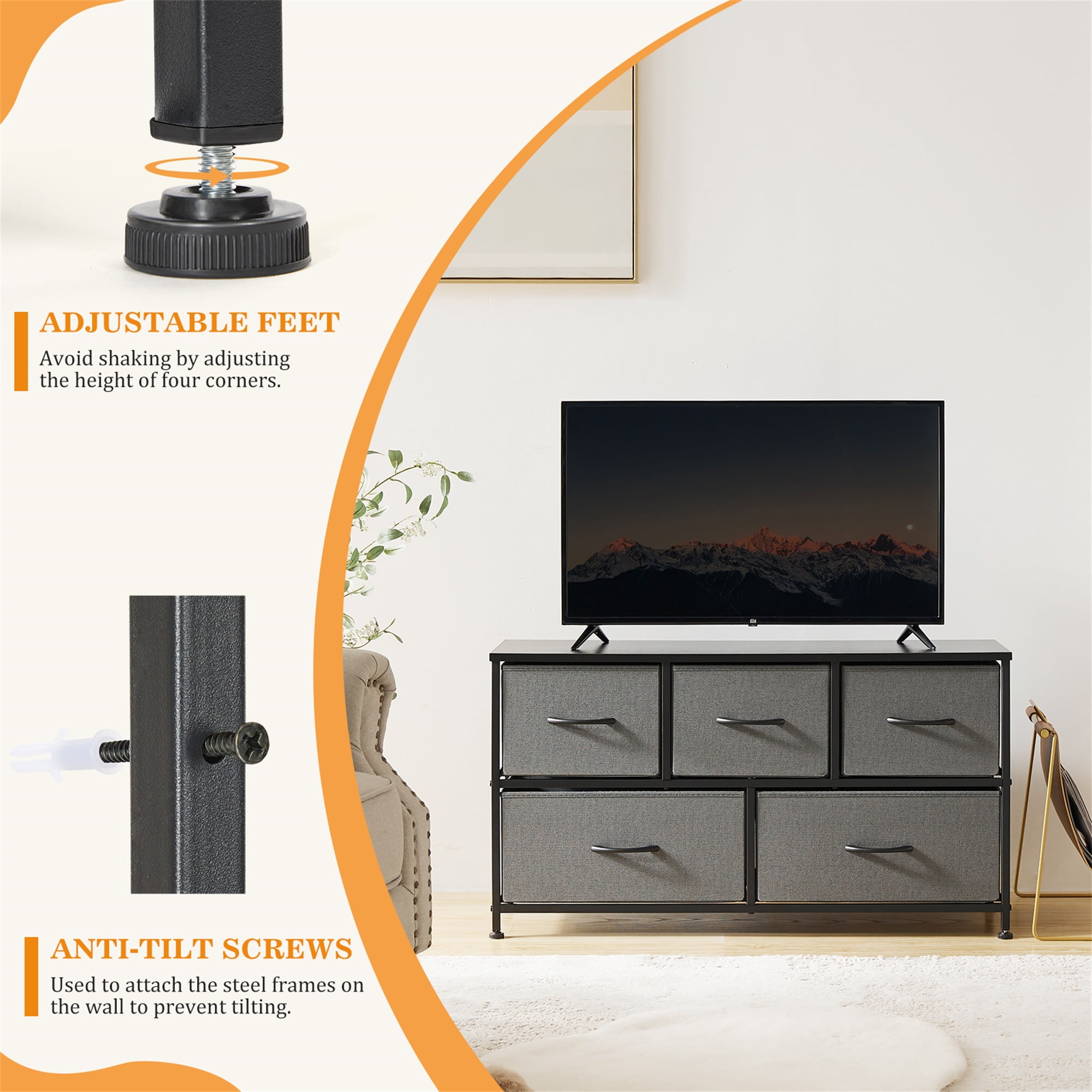 Kadyn Wide Chest of Drawers, Dresser for Bedroom with 5 Drawers, 5 Drawers Dresser Storage Organizer Unit with Fabric Bins for Living Room, Hallway, Gray