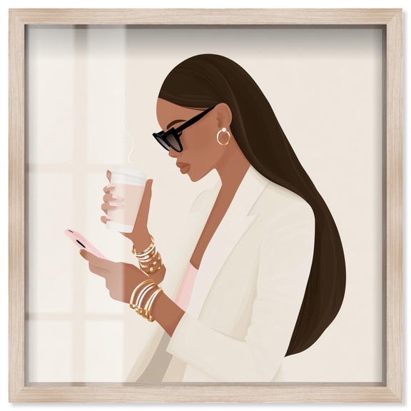 Coffee Break Shadowbox Print Fashion Art Prints by Art Remedy, Blonde Frame, 30 x 30