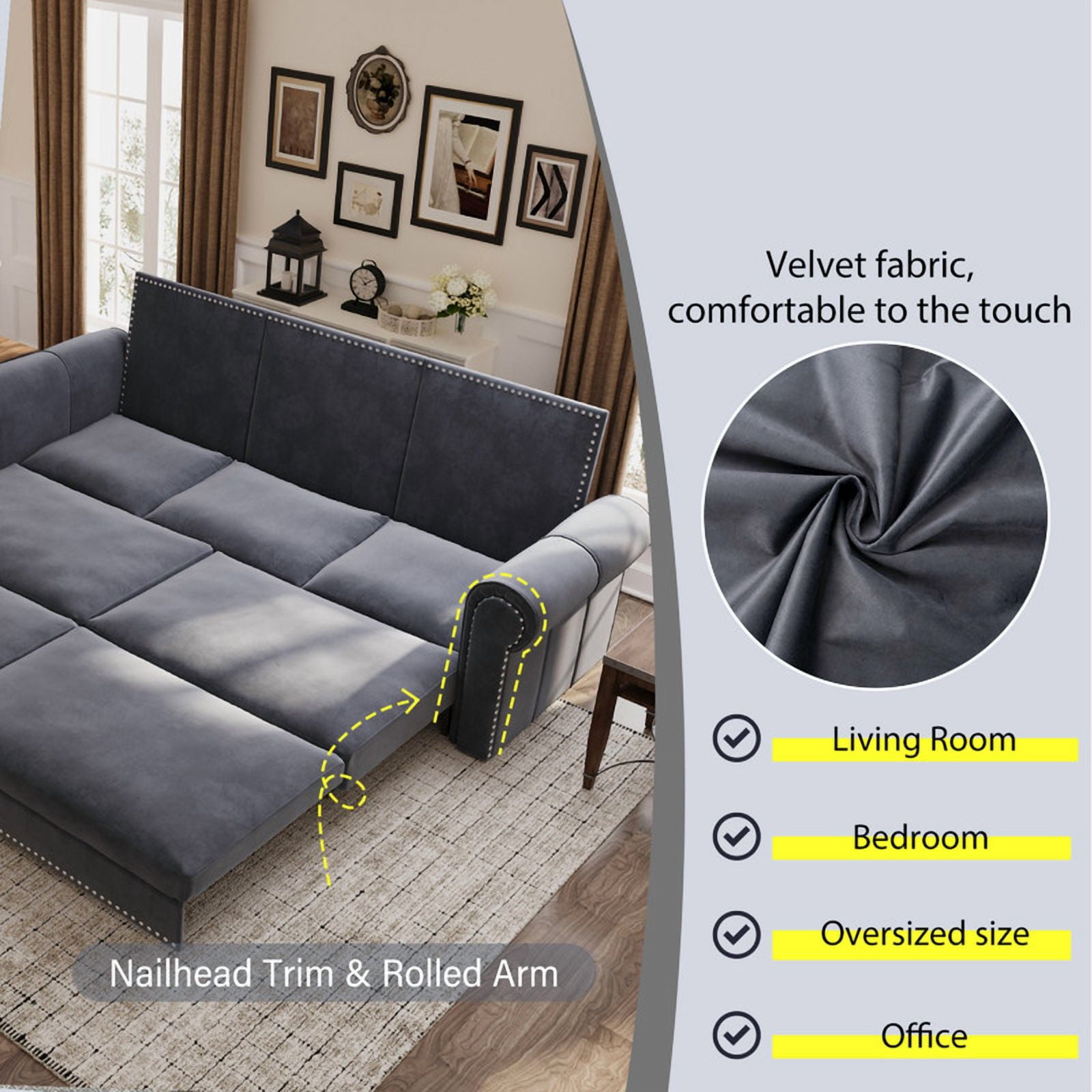 3-in-1 Velvet Convertible Sleeper Bed, 93.7" Chesterfield Sofa, King Size Pull Out Sofa Bed with Nailhead Trim & Rolled Arms, , Multi-Functional Futon Bed for Living Room, Bedroom, Apartment