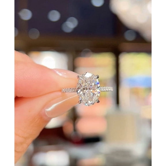 solitaire jewels 3CT Oval Moissanite Hidden Halo Engagement Ring For Women, 14K White Gold Plating Over Silver, D Color VVS Clarity