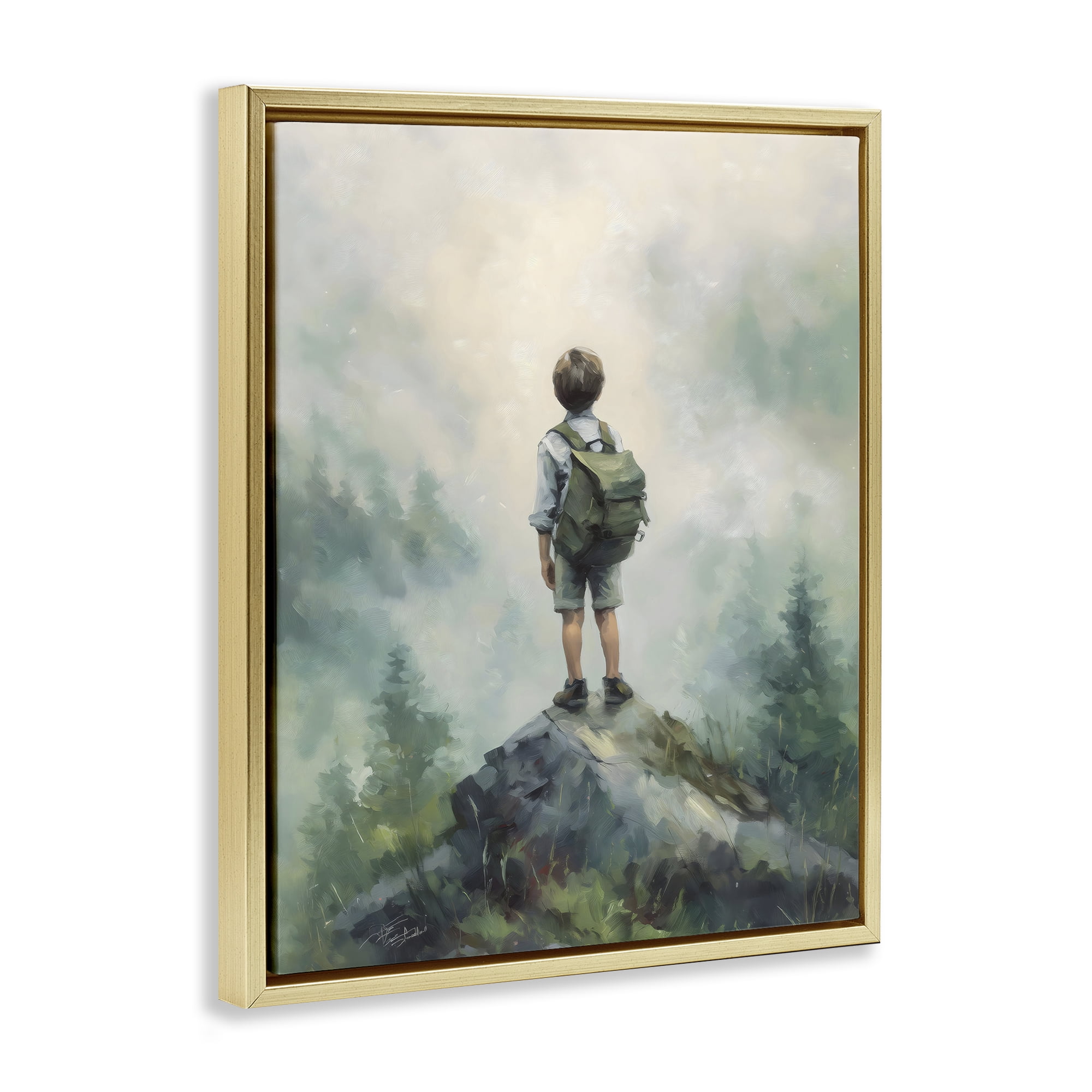 Boy Adventurer Atop Mountain Gold Framed Floater Canvas Wall Art, design by Arlington Prints