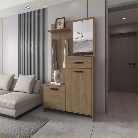 Hall Tree with Storage, Modern Natural Oak w/Mirror & Hooks | Particle Board | Coat Racks