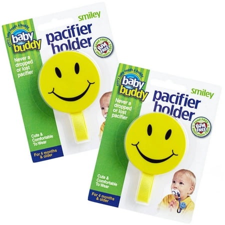 Smiley Pacifier Holder Keeps Pacifiers Nearby & Off the Ground, Pick the Clip that Grips so Kids Won’t Pull the Binky Off, Metal Snaps instead of Velcro, BPA Free, 2 Count Value Pack, YELLOW