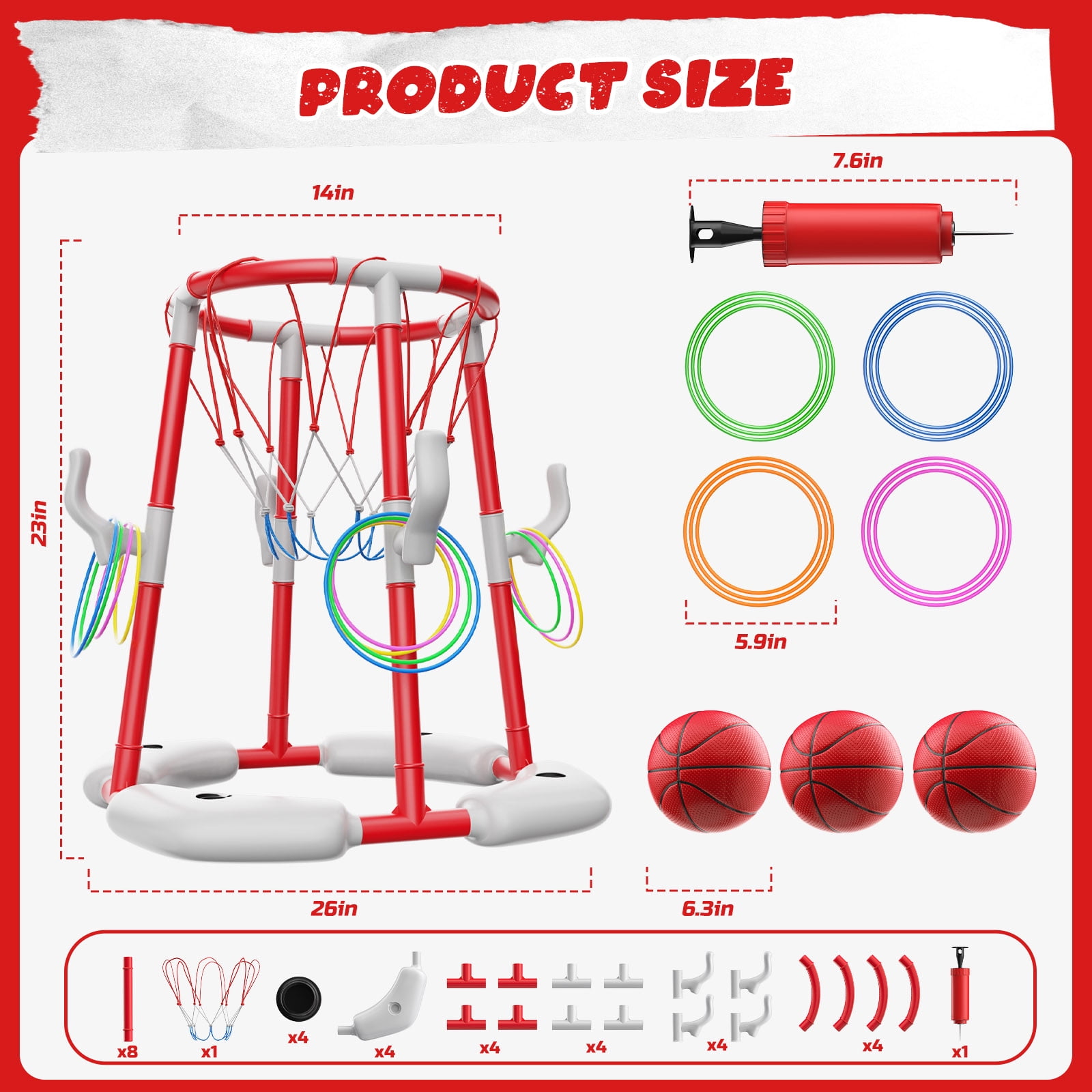 JoyStone 2-in-1 Floating Pool Basketball Hoops & Pool Ring Toss Game, Pool Basketball Toys with 3 Balls & 12 Rings, Inflatable Swimming Pool Toys for Toddlers, Red