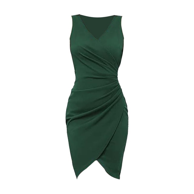 Vestido sexy de fiesta sin mangas con cuello en V, plisado y color liso para mujer