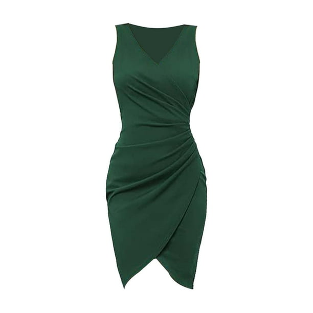 Vestido sexy de fiesta sin mangas con cuello en V, plisado y color liso para mujer
