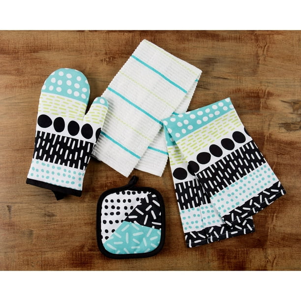 Mainstays, 4 Pack, Kitchen Towel, Oven Mitt & Pot Holder Set, Blue and Black Rad Bands Print