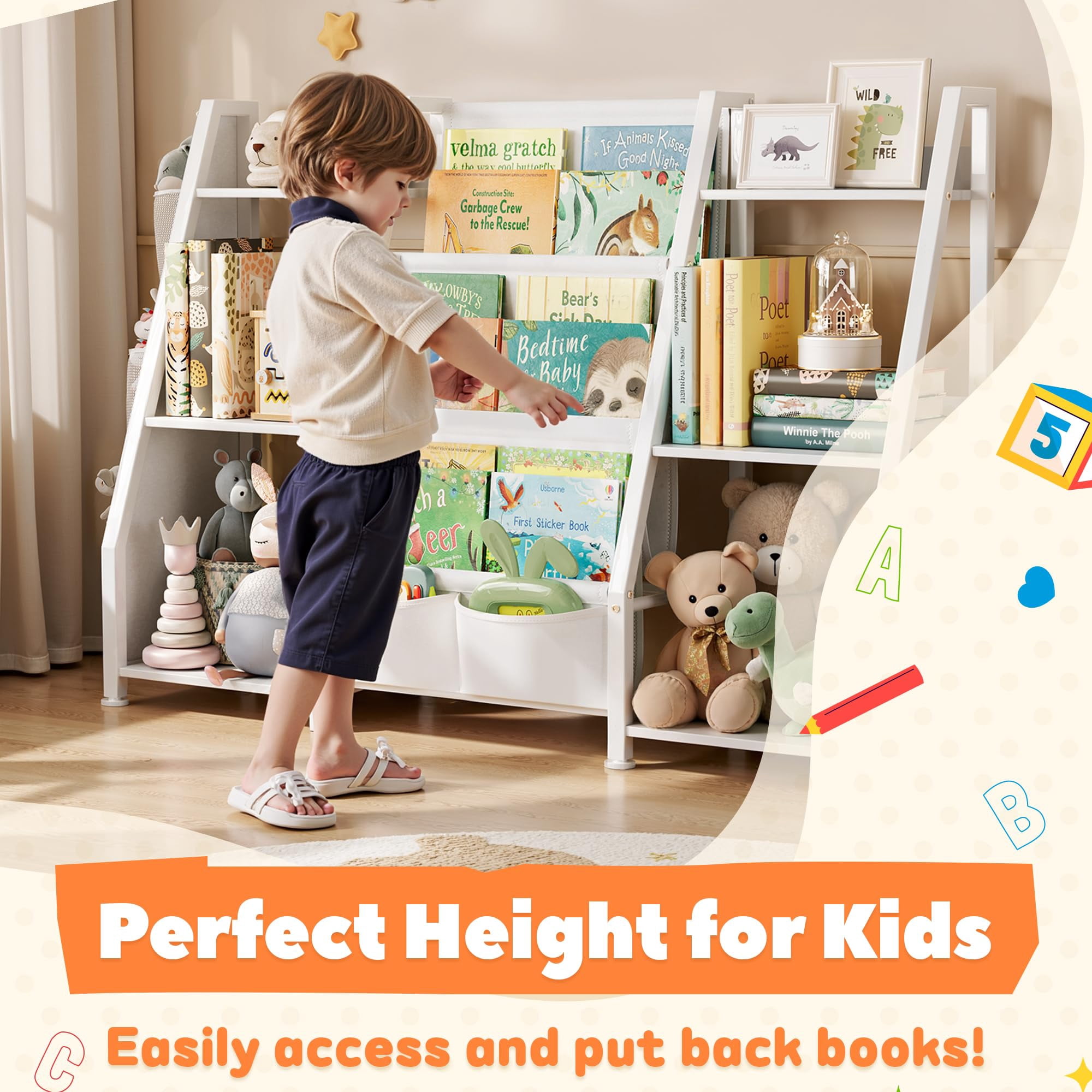 Joqixon Kids Bookshelf Large Storage Bookcase: 3-Tier Book Sling Shelf Toy Organizer for Toddler - Display Rack with 3 Pockets for Kids Rooms, Bedroom, Playroom, Nursery (White, Wood + Metal)