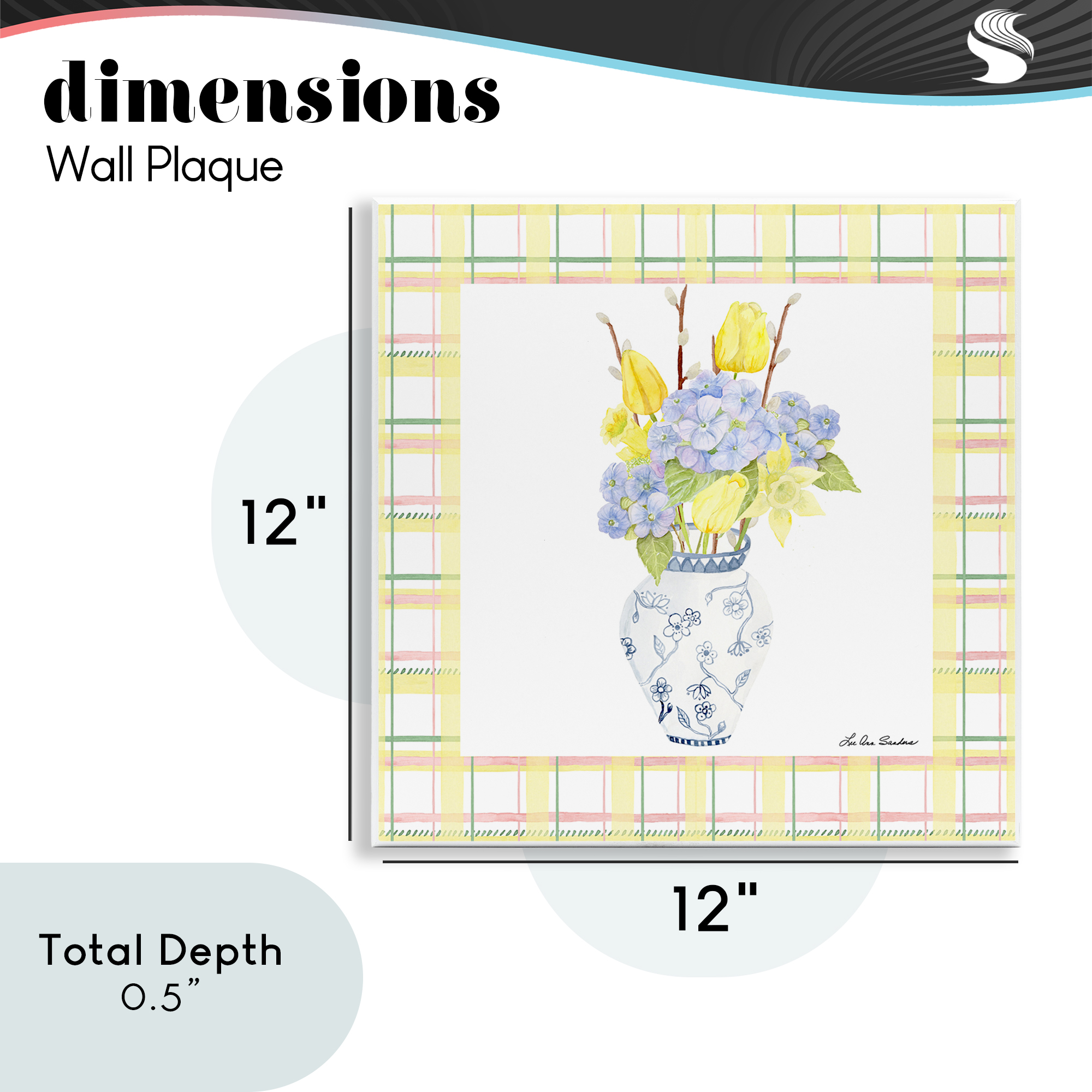 Spring Vase on Yellow Plaid Wall Plaque Art, design by Lee Ann Sanders