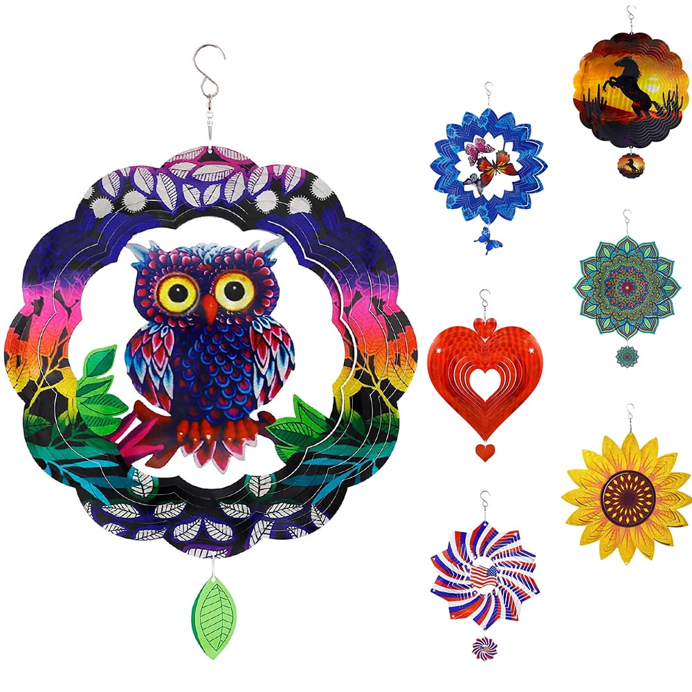 Tmrbno | 3D Metal Wind Spinner Hanging Pinwheels Owl 12 Inches Stainless Steel Outdoor Garden Crafts Ornaments
