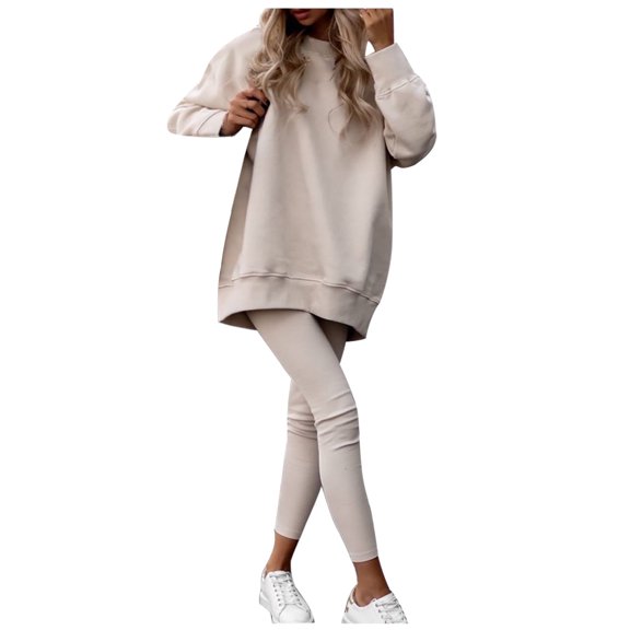 WREESH Womens Sweatsuits Winter Thickened Plush Pants Sweatshirt Long Pants Suit Long Sleeved Hooded Suit Beige