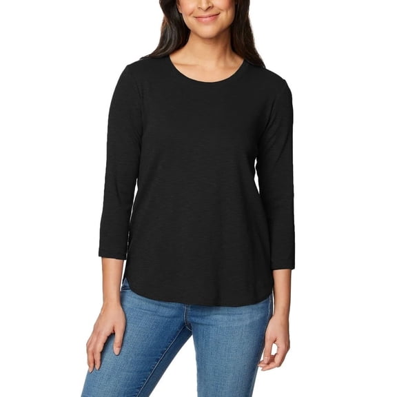 KIRKLAND Signature Women's 3/4 Sleeve Boatneck Cotton Slub Tee Shirt, Black, Medium