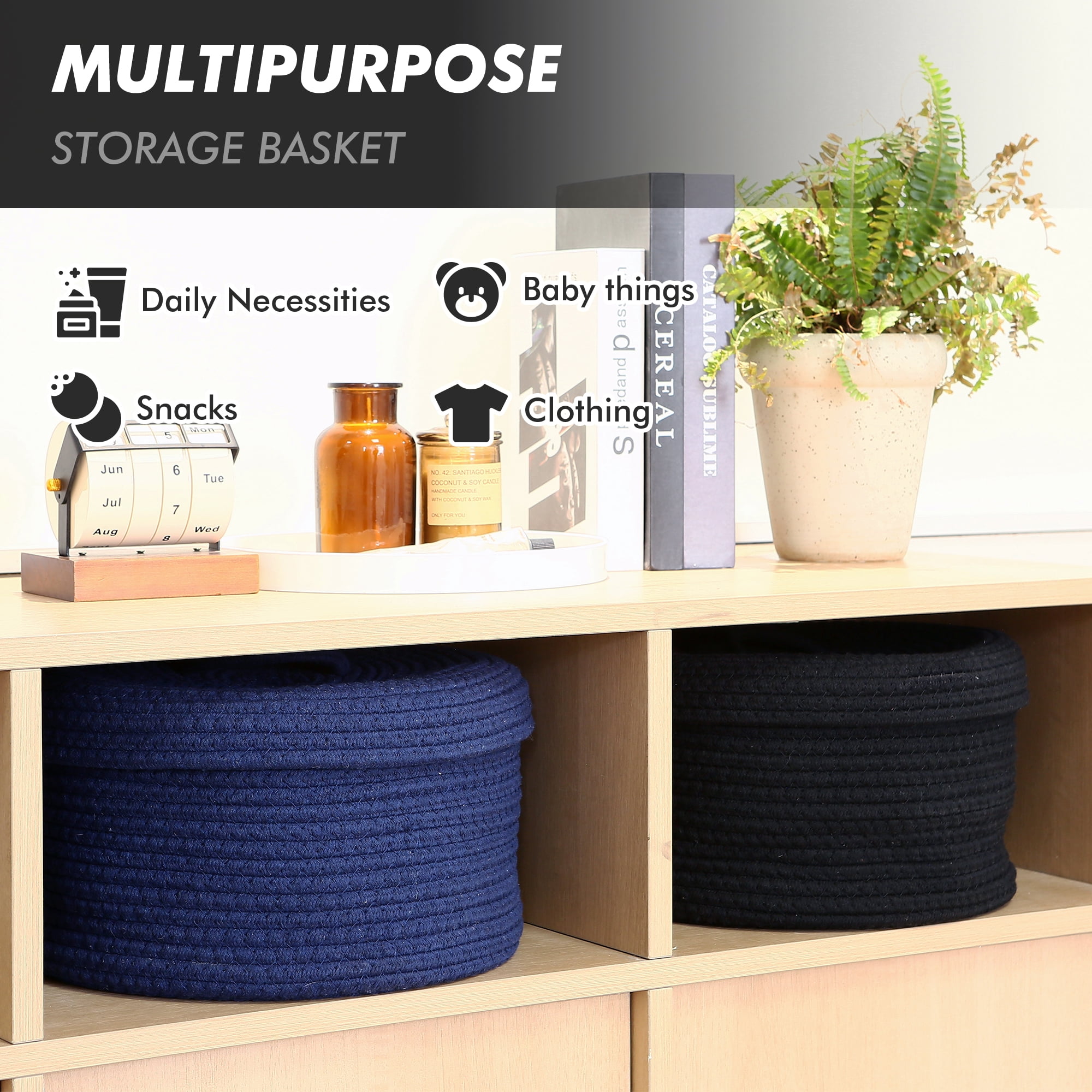 Sea Team Round Cotton Rope Storage Basket with Lid, Lidded Woven Storage Bin, Nursery Storage Container, Diaper Caddy, Baby Shower Basket, Box, Organizer, 11.8 x 11.8 x 6.7 Inches, Black