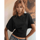 thumbnail image 3 of Camisetas para Mujer, Cuello Redondo, Cintura Ajustada, Informal, Corta, para Entrenamiento, Color Liso, Básicas, Color Negro, Talla XL, 3 of 5