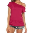 thumbnail image 2 of USSUMA Clearance Women's Casual Off Shoulder Tops Short Sleeve T Loose Summer Blouse Shirt up to 50% off Hot Pink S, 2 of 8