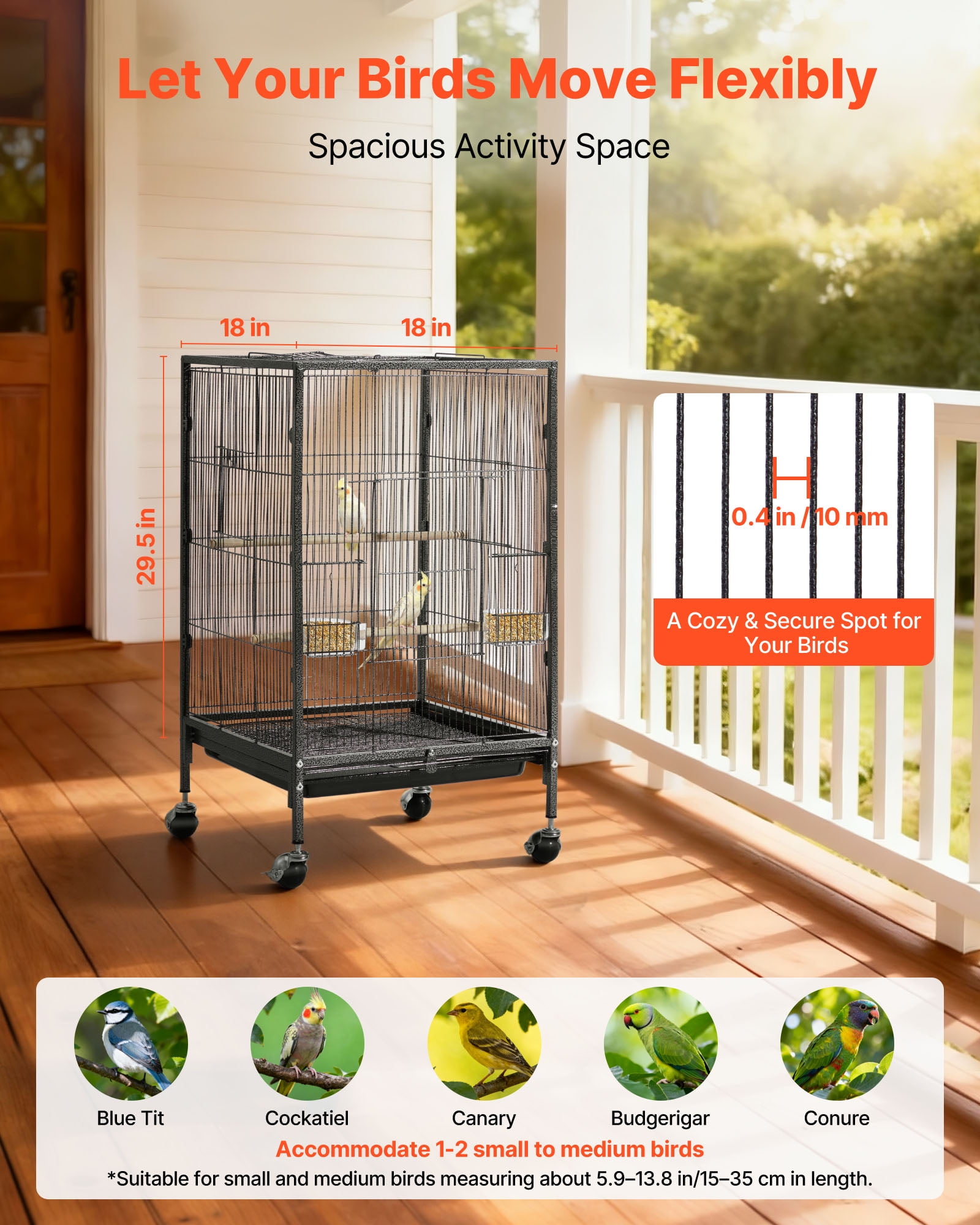 VEVOR Bird Cage, 18 x 18 x 30 inch, Open Flat Top, Wrought Iron Bird Flight Cage with Perches, Slide-Out Tray and Plastic Feeders, Casters, for Parrot, Blue Tit, Cockatiel, Canary, Budgerigar, Conure