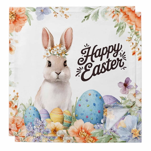 Happy Easter Cloth Napkins, Spring Watercolor Bunny Eggs Flowers Washable and Reusable Dinner Napkins Set of 2, Table Napkin for Kitchen Party Birthday Wedding Hotel Housewarming 20"x20"