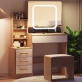 thumbnail image 3 of Gaderth Vanity Desk With Sliding LED Mirror And Power Outlet, Makeup Dressing Table With 4 Drawers, Storage Shelves And Stool, 3 Color Lighting Modes, Bedroom Vanity Set With USB Ports, 3 of 8