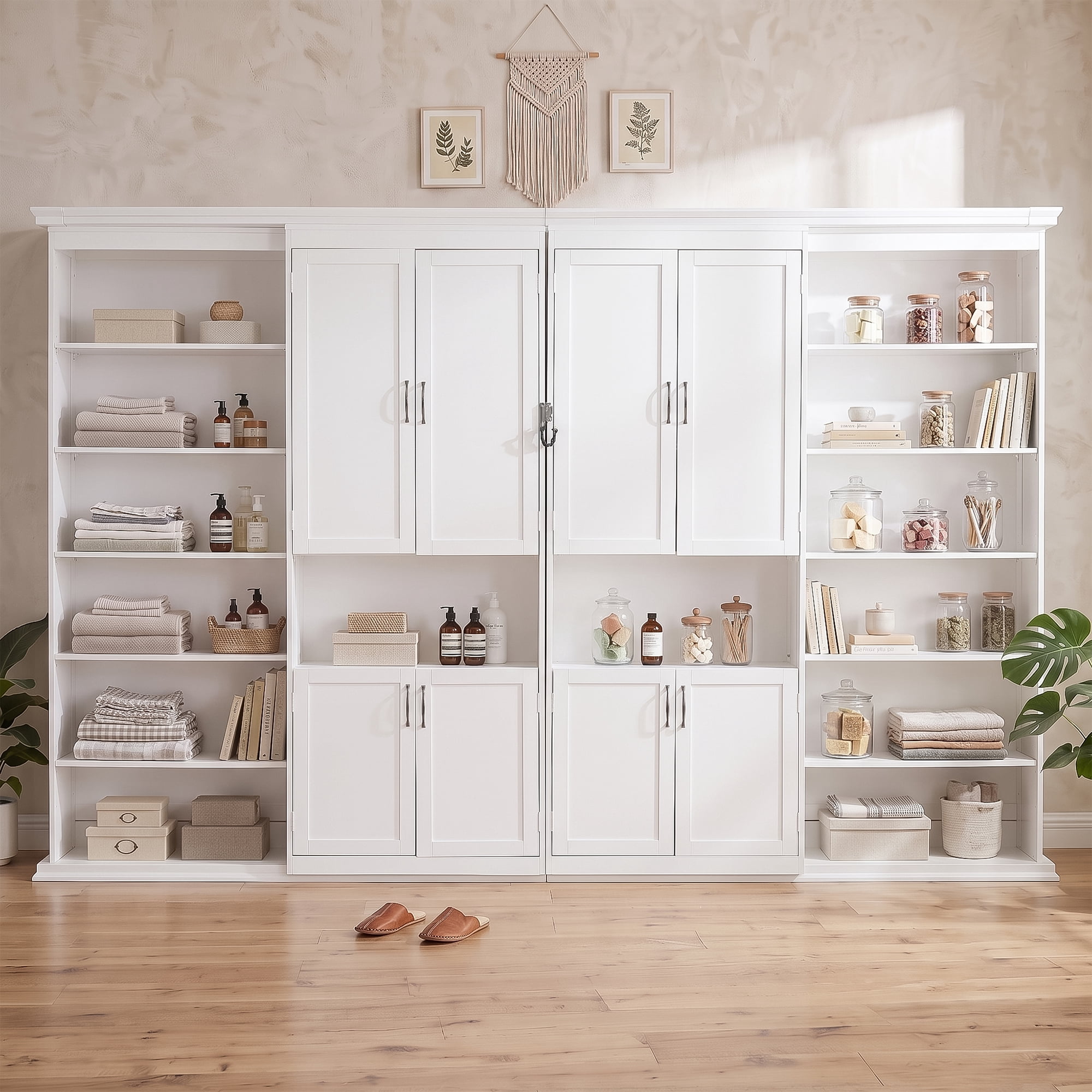Queen Size Murphy Bed with Dual Sliding Storage Cabinets, 6-Tier Open Shelves, Space-Saving for Small Space, Guest Room
