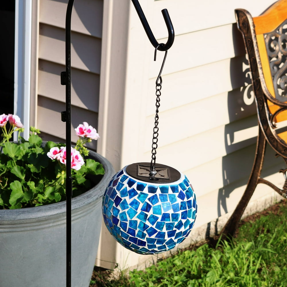 Sunnydaze Outdoor Mosaic Solar Hanging Orb with LED Light, Blue