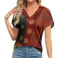 thumbnail image 1 of Women's Loose V-Neck Retro Print Short Sleeve Tops ,Ginger 2XL, 1 of 6