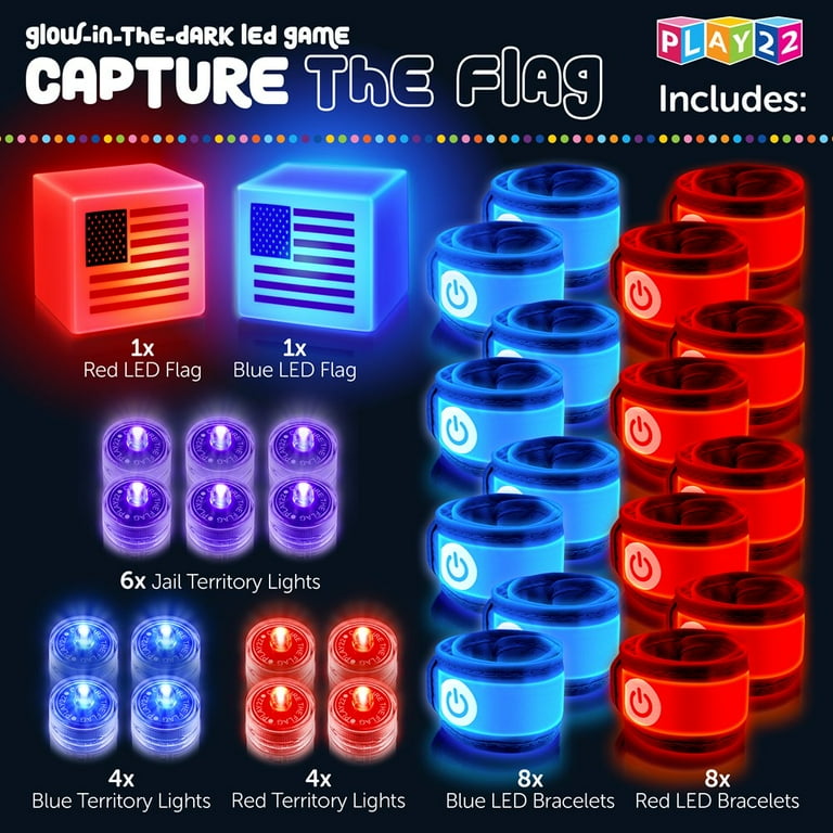 American Capture The Flag Glow in The Dark Game - Capture The Flag Game Up  to 14 Players - Capture The Flag Set Includes 14 Bands 16 Team Lights 2  Flags Great Outdoor Gift - Play22USA 