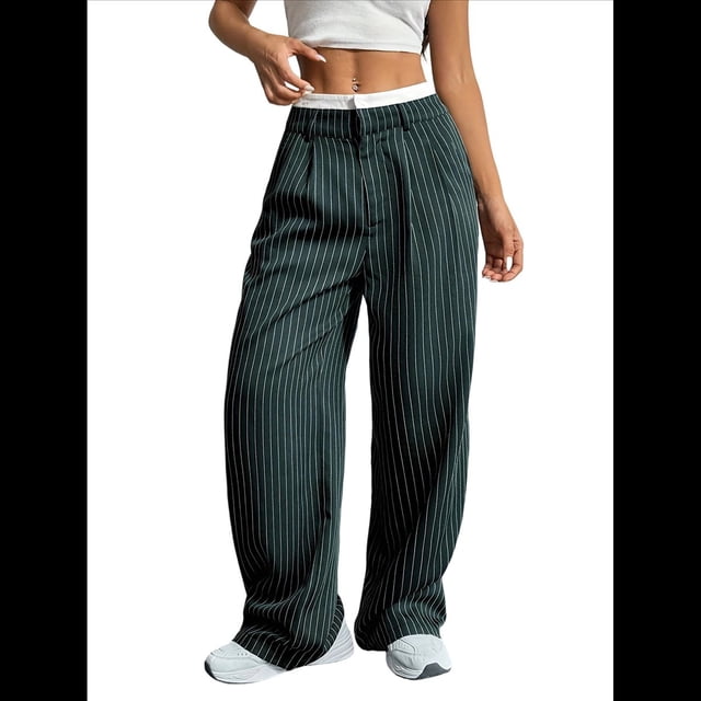 Pantalones Anchos y Holgados para Mujer, Estilo Palazzo Harén, Informales, A Rayas, con Cintura Elástica y Bolsillos Verde Oscuro XXL