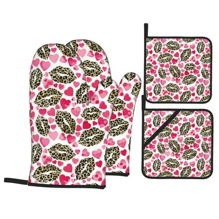 

Oven Mitts and Pot Holders Sets 4 pcs Leopard lip pink heart Non-Slip Oven Gloves Potholders Soft Quilted Lining Heat Resistant Gloves Hot Pads for Kitchen Cooking Baking