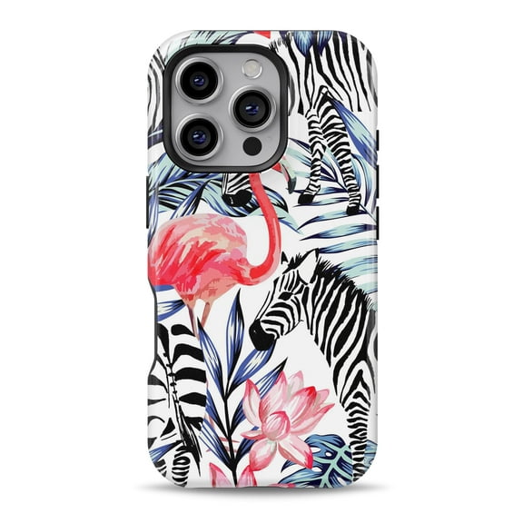 DesignSkinz Scratch-Resistant Hard Slim Case Compatible with iPhone 16 (Compatible with MagSafe) - Tropical Flamingo and Zebra Jungle