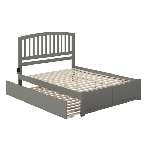 King Platform Bed with Trundle - Solid Wood Bed Frame, USB Port, Grey Finish, No Box Spring Needed
