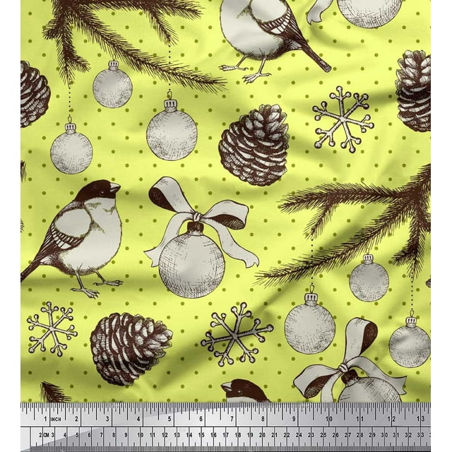 Soimoi Yellow Modal Satin Fabric American Robin, & Baubles Christmas Print Sewing Fabric BTY 42 Inch Wide
