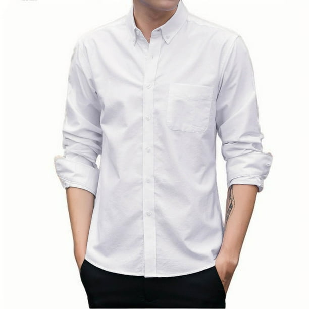Blusa y camisa de manga larga con cuello vuelto para hombre, color liso, bolsillos, solapa con botones, blusa de poliéster para hombre