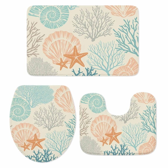 Coastal Turquoise Bath Mat 3 Piece Bathroom Rug Set, Ocean Coral Starfish Shell Modern Sea Non Slip Bath Rug Contour Mat and Toilet Lid Cover, Absorbent Shower Mats Soft Bath Rugs and Mats Sets