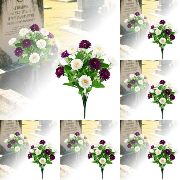 6PCS Silk Cemetery Flowers for Gravesite - Elegant Memorial Flower Arrangements, Rose Peony Lily Bouquet, Weatherproof Outdoor Grave Decor for Headstones & Vases