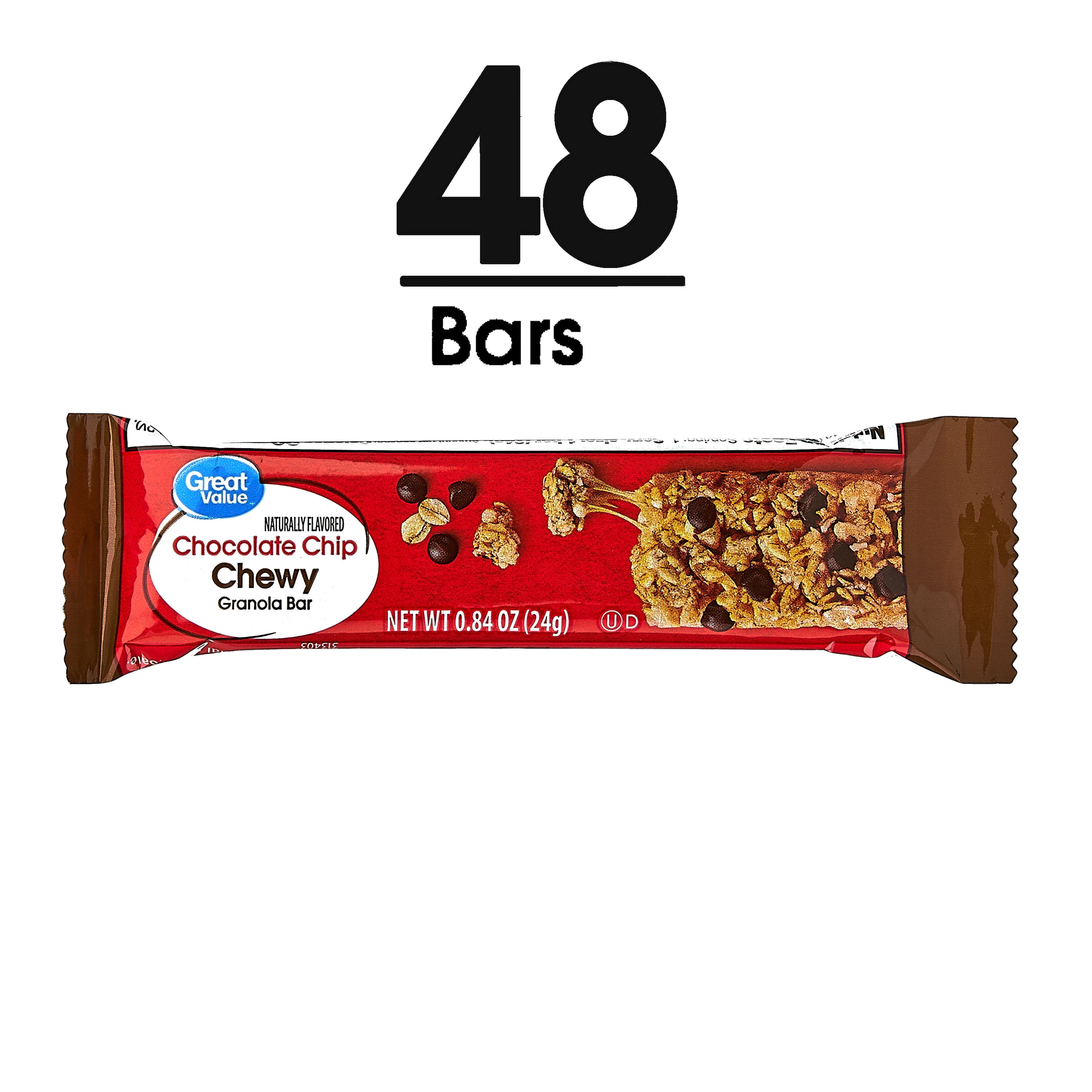 Great Value Chocolate Chip Chewy Granola Bars, Family Size, 0.84 oz Paper Box, 48 Count